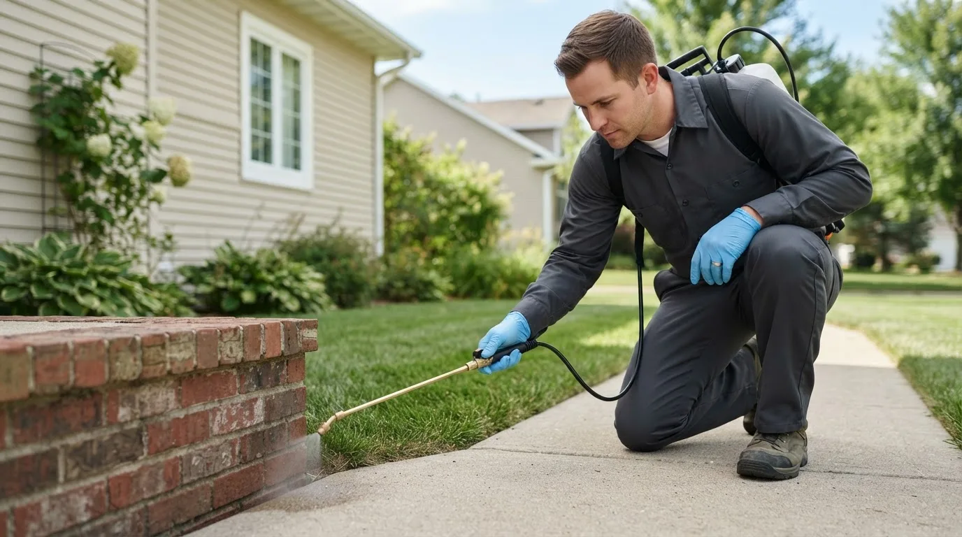 Pest control technician treating a home near Estelline, TX