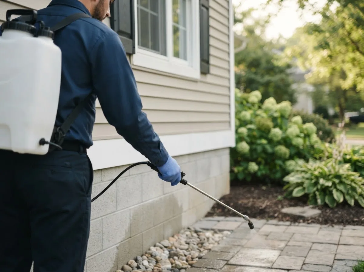 Pest control technician inspecting a home in Estelline, TX